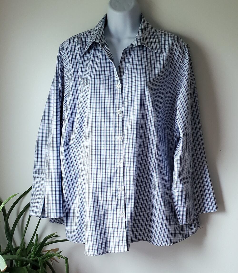 Lands End Women's Blue Striped Cotton Non Iron Long Sleeve Shirt Size 20W Office
